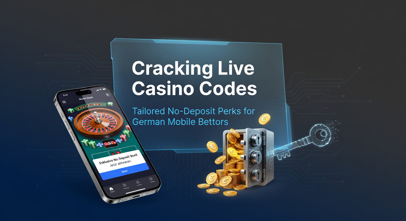 Smartphone mit Live-Casino-App im Vordergrund, umgeben von Promo-Codes und Boni-Symbolen für deutsche Nutzer