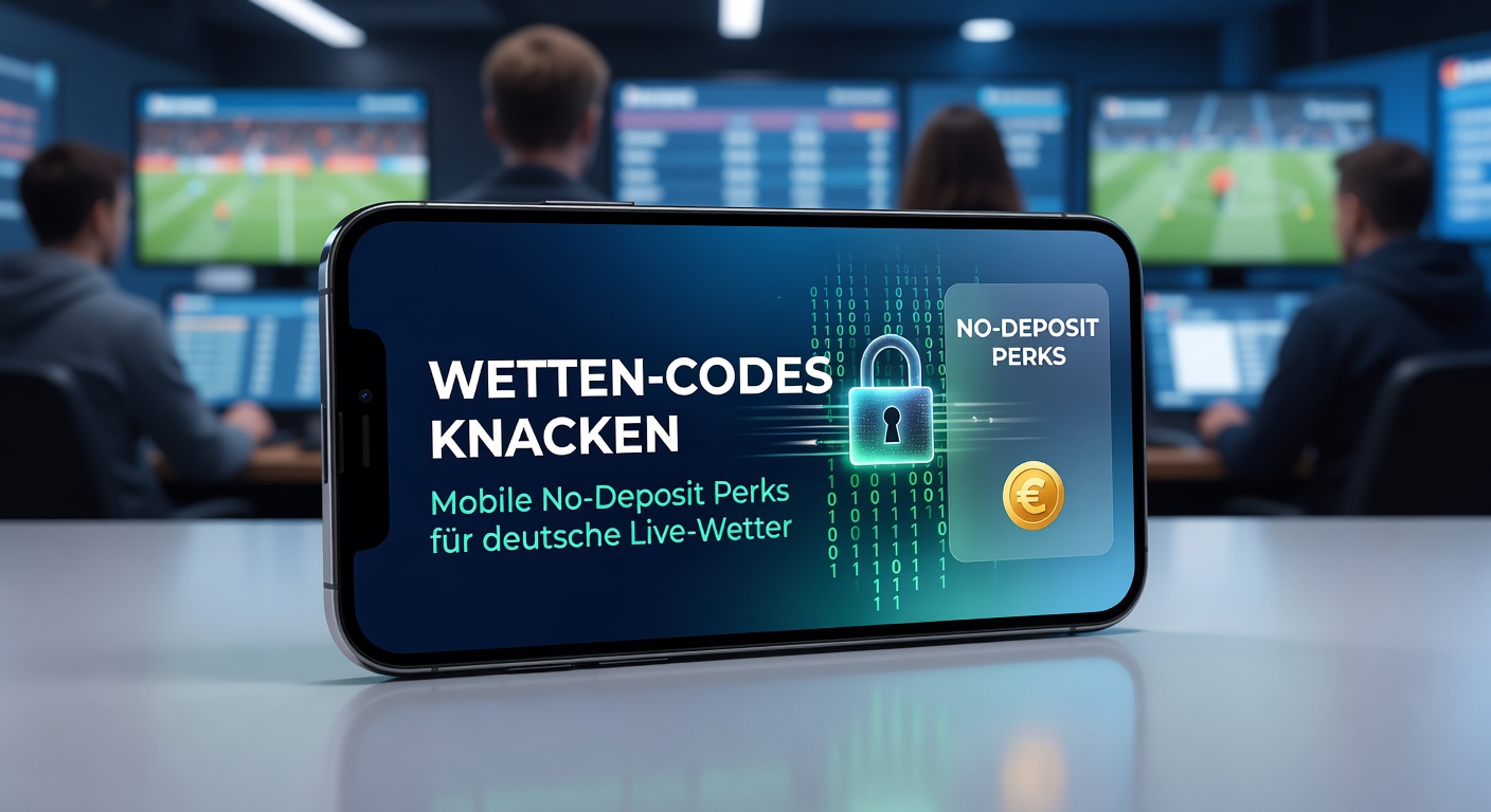 Smartphone mit Live-Wett-App und No-Deposit-Bonus-Code auf dem Bildschirm, umgeben von deutschen Fußball-Logos